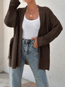 EURMUSE Women Oversize Asymmetric Shaped With Belt Detailed Rib Knitted Cardigan - Brown - View 5