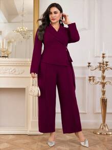 Modelyn 大码女式纯色翻领褶裥裹身夹克和裤子优雅套装 - 紫色 - 查看 6