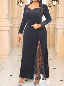 SHEIN Lady Vestido elegante de talla grande de estilo de cola de sirena de punto negro para fiesta de cóctel de San Valentín de otoño e invierno, vestidos de fiesta para mujer, vestidos de cola de sirena, vestidos de encaje negro, vestidos de fiesta formales