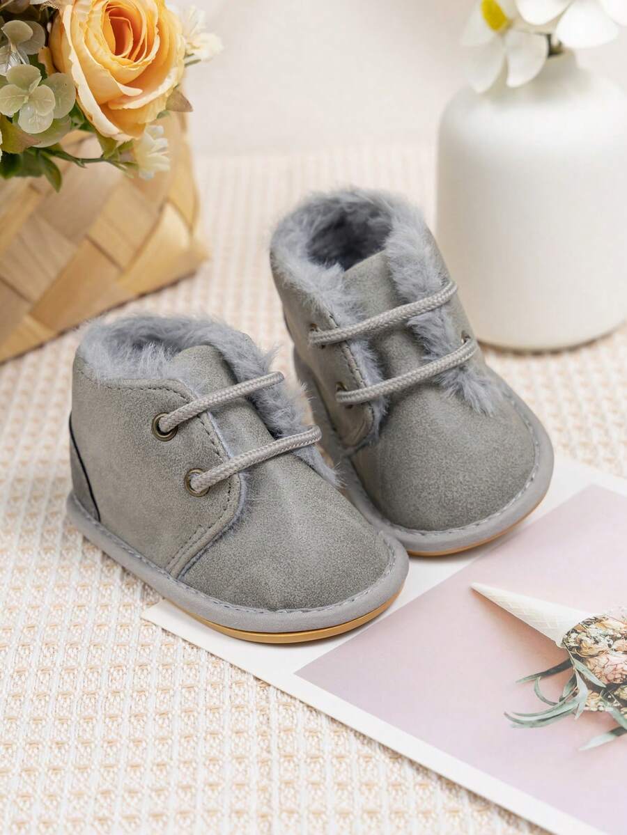 Giày bốt cổ ngắn ấm áp cho trẻ sơ sinh/trẻ mới biết đi vào mùa thu/đông, đế cao su thoải mái phù hợp cho bé tập đi - Xám - Xem 1