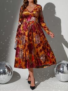 SHEIN Clasi Váy nhung hoa cổ chữ V eo xếp ly cỡ lớn cho nữ - Nhiều màu - Xem 7