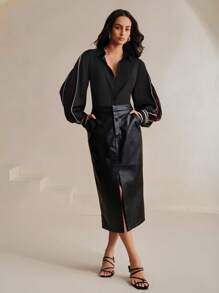 Anewsta 精致法式独特褶皱女式衬衫，高端设计优雅修身上衣女式衬衫 - 彩色 - 查看 3