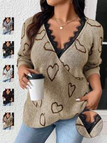 Celure Plus Size Women Gray Contrast V-Neck Open Shoulder Heart Pattern Lash Lace Trimmed Casual Sexy Sweater, Autumn/Winter - Khaki - View 1