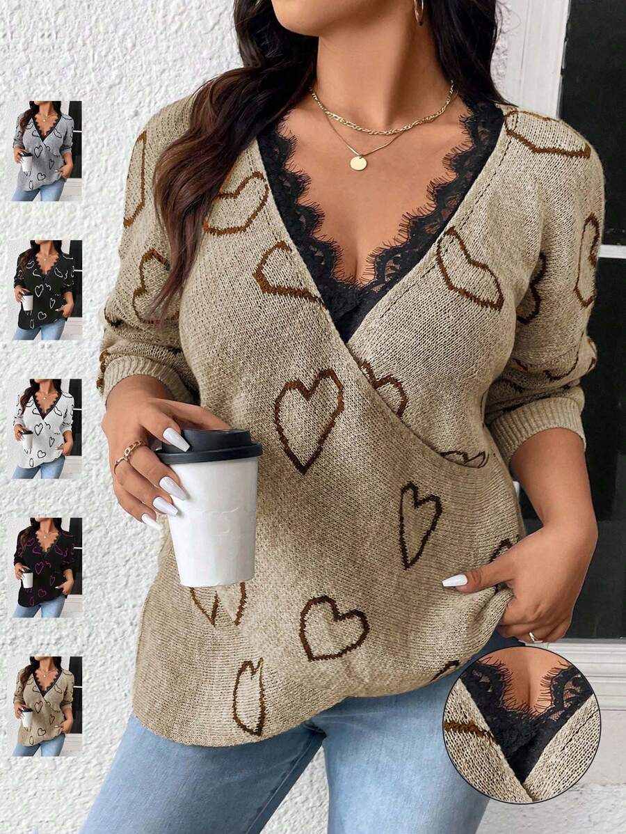 Celure Plus Size Women Gray Contrast V-Neck Open Shoulder Heart Pattern Lash Lace Trimmed Casual Sexy Sweater, Autumn/Winter - Khaki - View 1