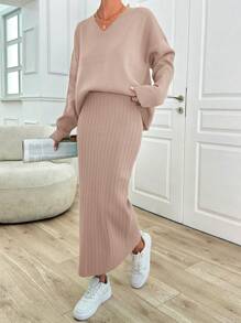 RueChic Casual Oversize V Neck Flare Sleeve Sweater & Maxi Rib Knit Sweater Skirt 2 Piece Set - Pink - View 3