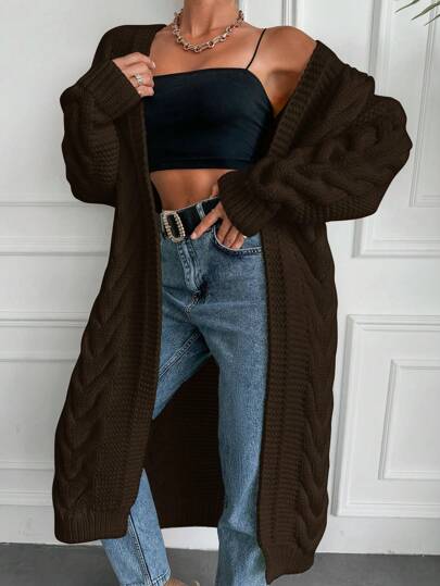 Women's Solid Color Drop Shoulder Long Sleeve Long Cardigan, Casual Wear For Autumn/Winter