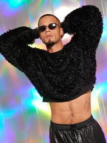FeverCity Men's Casual Solid Color Fuzzy Fleece Crew Neck Sweatshirt, For Fall Winter - Black - View 1