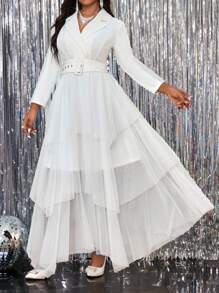 SHEIN Lady Áo khoác lưới dài tay màu trắng dệt nhiều lớp/nhiều tầng cỡ lớn cho mùa thu đông cỡ lớn, tay dài màu trắng, ren tương phản, tay dài 2024, thiết kế ve áo lớn, màu trơn, mới, thắt eo, giúp thon gọn, thời trang, thích hợp mặc vào mùa thu đông, váy đuôi cá cho nữ, váy dự tiệc cho nữ - trắng - Xem 3