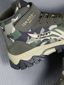 儿童迷彩军绿色靴子，防滑耐用户外靴，带保暖衬里，舒适柔软减震保护脚靴，男女通用时尚可爱设计 - 彩色 - 查看 3