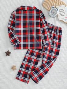 2 piezas Conjunto de pijama para niño pequeño, camiseta de manga larga con cuello de solapa e impresión de cuadros clásica y pantalones largos casuales, ropa de estar en casa de moda