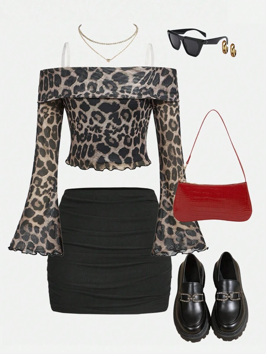 SHEIN Tween-Mädchen Leopard Muster Mesh Off-Shoulder Glockenärmel Crop Top und schwarzer plissierter Mini Rock 2 Stücke Set, Lässig & elegant für den Alltag