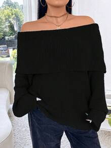Calvaya Plus Size Women Casual Solid Color Foldover Off Shoulder Lantern Sleeve Ribbed Knit Sweater Knit Pullover Fall Winter - Black - View 6