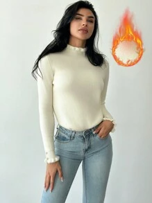 SHEIN Privé 1件女士秋冬简约优雅保暖加厚荷叶边金属纽扣高领修身羊绒衫杏色 - 白色 - 查看 5