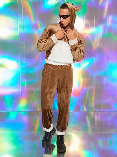 FeverCity Men's Fluffy Reindeer Print Loose Fit Long Sleeve T-Shirt Set,Christmas