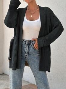 EURMUSE Women Oversize Asymmetric Shaped With Belt Detailed Rib Knitted Cardigan - Dark Grey - View 5