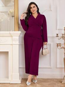 Modelyn 大码女式纯色翻领褶裥裹身夹克和裤子优雅套装 - 紫色 - 查看 5