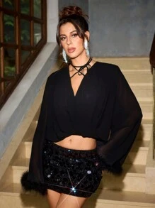 Daniela Ricciardelli Designer Chiffon Semi-Sheer Tie Cuff Feather Detail Elegant Blouse, For Holiday, Vacation, Spring & Summer, Festival, Ibiza Fits - Black - View 4