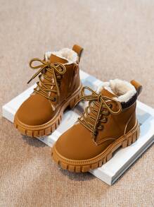 Nuevas botas de otoño/invierno para niños, zapatos cómodos y casuales para estudiantes, botas moteras de media altura con forro para niños y niñas - Negro - Ver 3