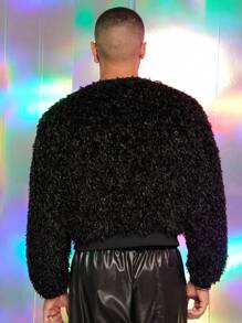 FeverCity Men's Casual Solid Color Fuzzy Fleece Crew Neck Sweatshirt, For Fall Winter - Black - View 2