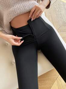 Firerie Women All-Match Zipper Waist Turtleneck Slim Fit Leggings, Black, Autumn/Winter