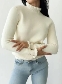 SHEIN Privé 1件女士秋冬简约优雅保暖加厚荷叶边金属纽扣高领修身羊绒衫杏色 - 白色 - 查看 3