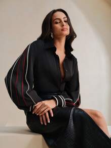 Anewsta 精致法式独特褶皱女式衬衫，高端设计优雅修身上衣女式衬衫 - 彩色 - 查看 5