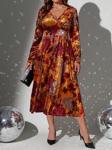 SHEIN Clasi Váy nhung hoa cổ chữ V eo xếp ly cỡ lớn cho nữ - Nhiều màu - Xem 5