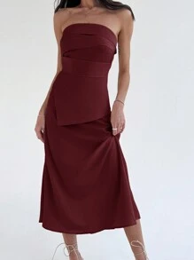 Aloruh Váy chữ A xếp ly hở vai cho nữ, thiết kế tối giản thanh lịch - Đỏ - Xem 3