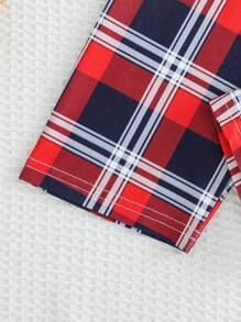 2 piezas Conjunto de pijama para niño pequeño, camiseta de manga larga con cuello de solapa e impresión de cuadros clásica y pantalones largos casuales, ropa de estar en casa de moda