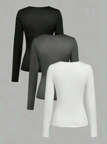 Sparklyn 3件套少女优雅休闲百搭纯色长袖修身T恤套装，百搭易配 - 彩色 - 查看 2