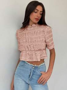 Aloruh Áo chui đầu cổ đứng chun dệt kim Jacquard mới - Hồng - Xem 6