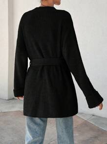 EURMUSE Women Oversize Asymmetric Shaped With Belt Detailed Rib Knitted Cardigan - Black - View 2