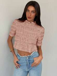 Aloruh Áo chui đầu cổ đứng chun dệt kim Jacquard mới - Hồng - Xem 3