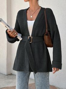 EURMUSE Women Oversize Asymmetric Shaped With Belt Detailed Rib Knitted Cardigan - Dark Grey - View 7
