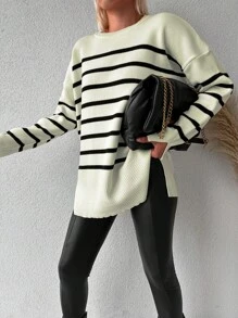 EURMUSE Striped Pattern Drop Shoulder Sweater - Beige - View 6