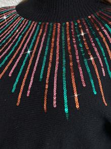 SHEIN Clasi Váy len dệt kim dài tay đính sequin thanh lịch cỡ lớn, mùa thu/đông - màu đen - Xem 5