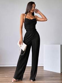 Firerie 2pcs Women Halter Neck Tie Up Camisole & Elastic Waist Pants Suit Set