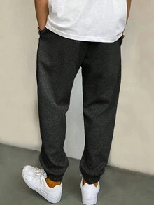 EURMUSE Cotton Men Slogan Graphic Drawstring Waist Sweatpants - Dark Grey - View 2