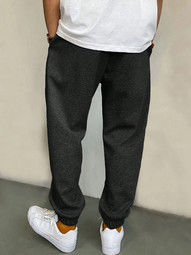 EURMUSE Cotton Men Slogan Graphic Drawstring Waist Sweatpants - Dark Grey - View 2
