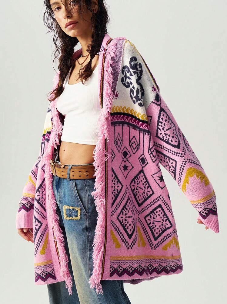 SHEIN BohoFeels Women's Loose Geometric Pattern Fringe Trim Cardigan For Fall/Winter, Holiday,Long Sleeve Tops - Multicolor - View 1