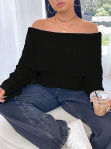 Calvaya Plus Size Women Casual Solid Color Foldover Off Shoulder Lantern Sleeve Ribbed Knit Sweater Knit Pullover Fall Winter - Black - View 5