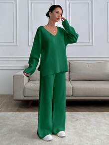 EURMUSE Women V-Neck OverSize Sweater And Knit Pant Set - Hijau - View 4