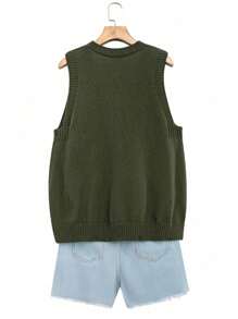 SHEIN LUNE Plus Size Solid Color Double Pocket Sweater Vest, Casual For Autumn - Army Green - View 2