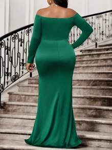 SHEIN Lady 春夏秋冬优雅派对鸡尾酒会绿色针织露肩开衩超长长袖大码连衣裙秋季女装性感派对礼服演唱会女装冬装优雅连衣裙化妆舞会礼服秋季曲线性感秋季假日新年除夕礼服 - 軍綠色 - 查看 2