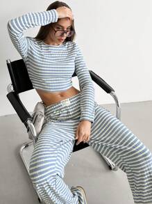 Aloruh Set de 2 piezas para mujer: Conjunto casual de sudadera a rayas + pantalones sueltos