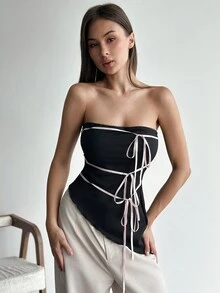 Aloruh Y2K 风格短款紧身胸衣上衣，配有对比色肩带和不对称下摆，紧身剪裁 - 黑色 - 查看 4