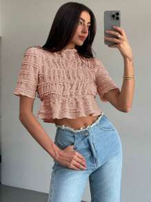 Aloruh Áo chui đầu cổ đứng chun dệt kim Jacquard mới - Hồng - Xem 7