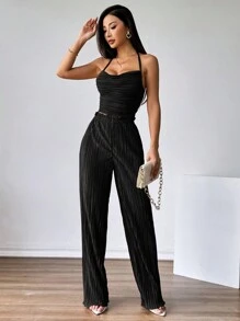 Firerie 2pcs Women Halter Neck Tie Up Camisole & Elastic Waist Pants Suit Set