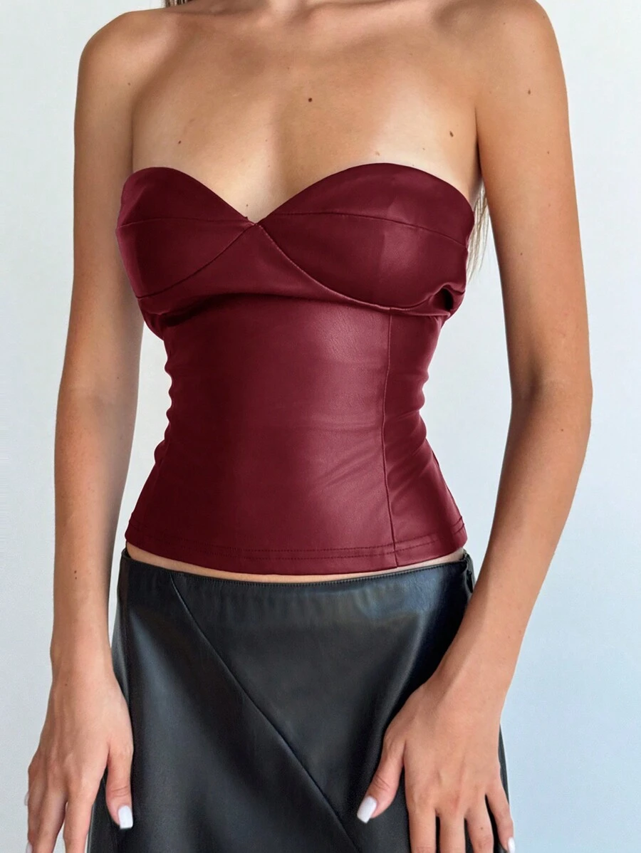 Aloruh Young Women's Burgundy Tight Fitting PU Cut-Off Cropped Top, Suitable For Music Festival And Going Out - Burgundy - View 1