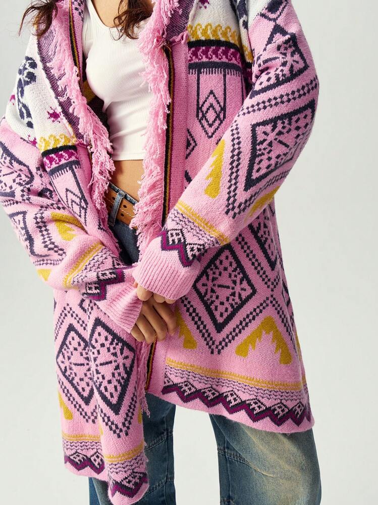 SHEIN BohoFeels Women's Loose Geometric Pattern Fringe Trim Cardigan For Fall/Winter, Holiday,Long Sleeve Tops - Multicolor - View 7